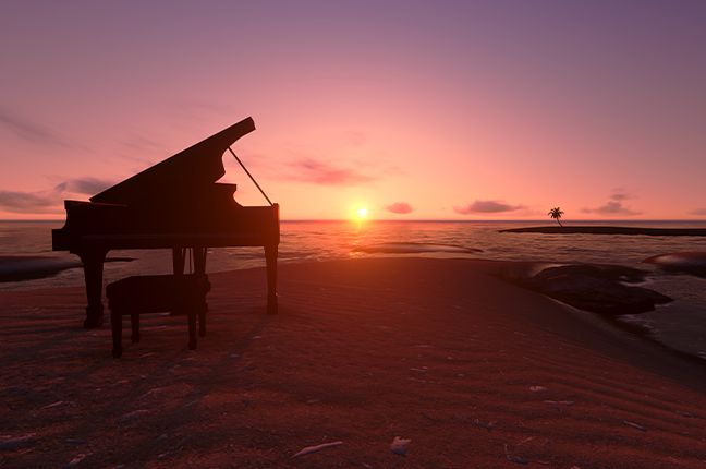 piano na praia ao pôr do sol