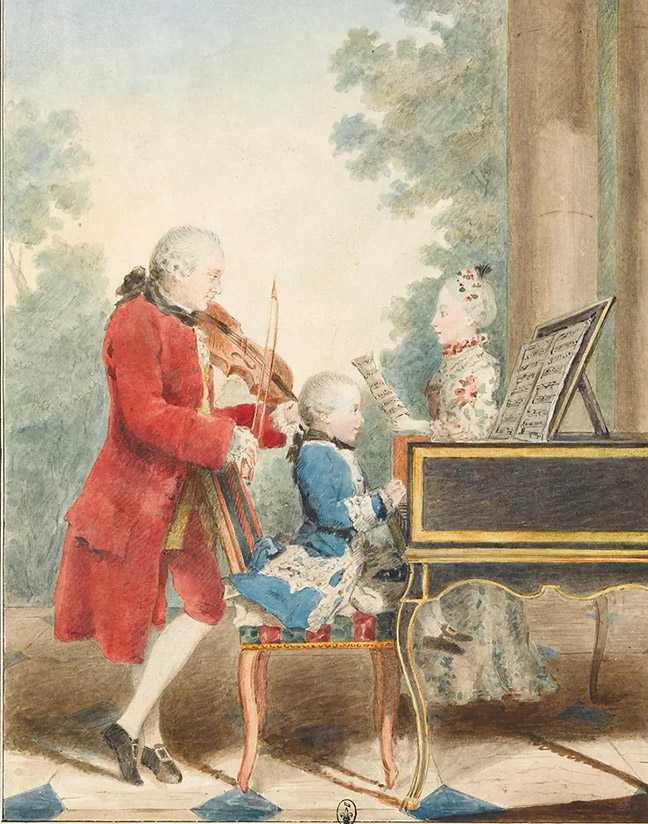 Leopold-Mozart-com-Wolfgang-Amadeus-e-Anna-Maria,-aquarela-de-Louis-Carrogis-Carmontelle,-1763